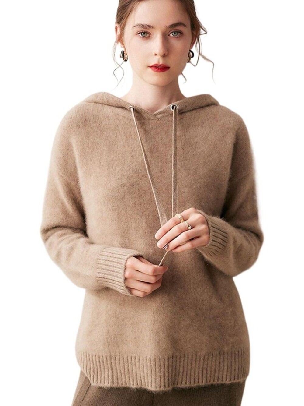 Cozy Cashmere-Wool Blend Long Sleeve Hoodie Pullover Sweater for Fall/Winter